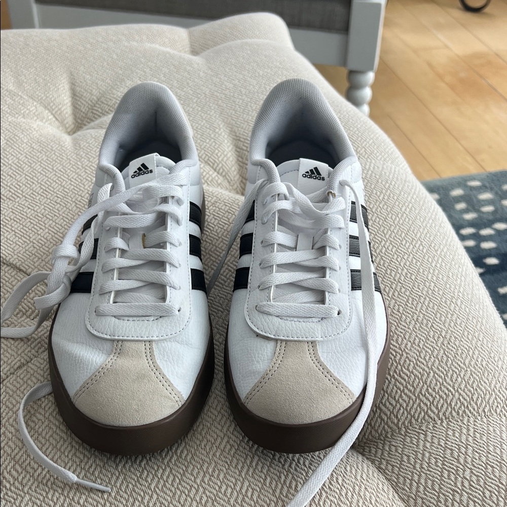 Adidas women’s White and Black Sneakers with Brown Sole, Size 11